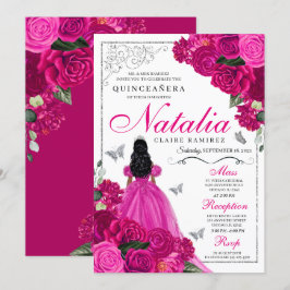 Convites Fuchsia Pink Prata Butterfly Quinceañera
