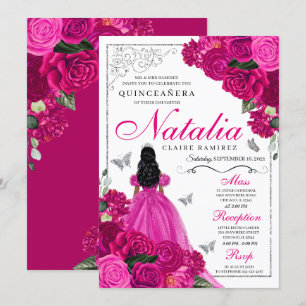 Convites Fuchsia Pink Prata Butterfly Quinceañera
