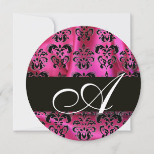 Convites FUCHSIA PINK PRETO DAMASK CLOTH MONOGRAMA Círculo