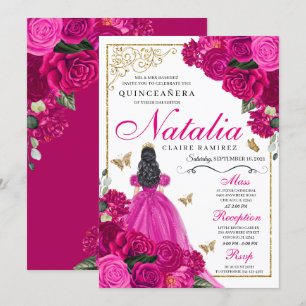 Convites Fuchsia Pink Princesa Dourada Borboletas Quinceañe