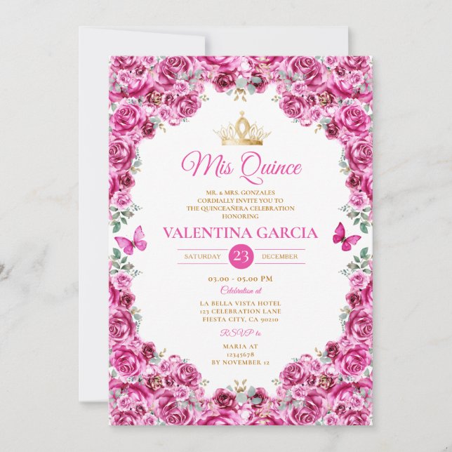 Convites Fuchsia Pink Quinceañera 15 Anos Coroa Dourada Flo (Frente)