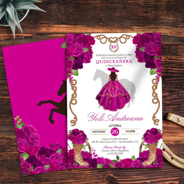 Convites Fuchsia Pink Roses Western Charro Quinceañera (Criador carregado)