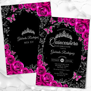 Convites Fuchsia Pink Silver Black Quinceanera