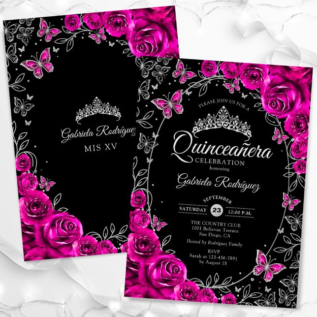 Convites Fuchsia Pink Silver Black Quinceanera (Criador carregado)