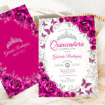 Convites Fuchsia Pink Silver Floral Quinceanera<br><div class="desc">Fuchsia pink silver and white Quinceanera celebration invitation. Features script font,  silver butterflies,  watercolor roses and tiara. Perfect for an elegant princess style glam celebration. Personalize with your own details. Printed Zazzle invitations or instant download digital printable template.</div>