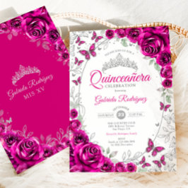 Convites Fuchsia Pink Silver Floral Quinceanera