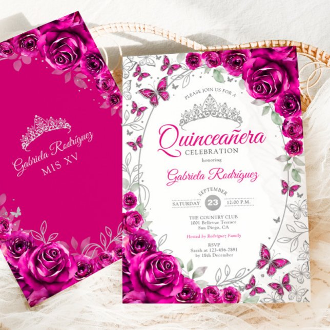Convites Fuchsia Pink Silver Floral Quinceanera (Criador carregado)