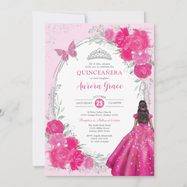 Convites Fuchsia Prata Quinceañera Flor 15º Aniversário (Frente)