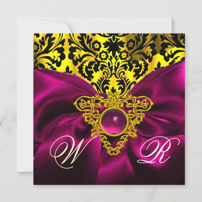 CONVITES FUCHSIA RIBBON DOURADO CELTICO DAMASK MONOGRAMA (Frente)