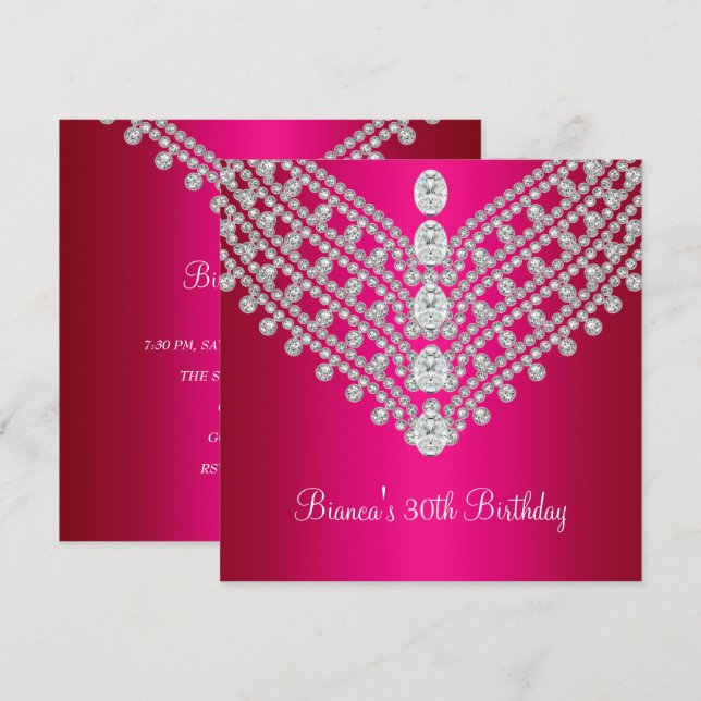Convites Fuchsia Rosa Branco Diamante Jóia 30º Aniversário (Frente/Verso)
