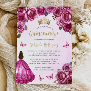 Convites Fuchsia Rosa Dourado Floral Aquarela Quinceañera