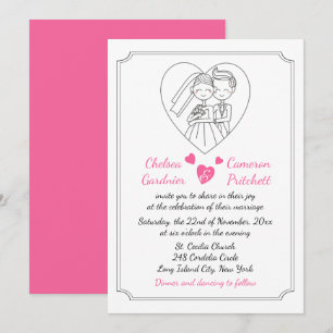 Convites Fuchsia Rosa e Branco Noiva e Noivo Cartoon Casame