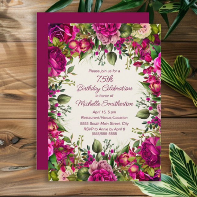 Convites Fuchsia Rosa Floral Folhas Verdes Aniversário de 7 (Fuchsia and pink watercolor floral 75th birthday party invitation)