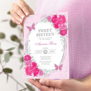 Convites Fuchsia Rosa Prata Aniversário de Dezesseis Anos