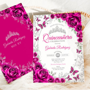 Convites Fuchsia Rosa Prata Floral Quinceanera