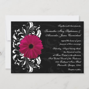 Convites Fuchsia Scroll Gerbera Daisy com preto e branco