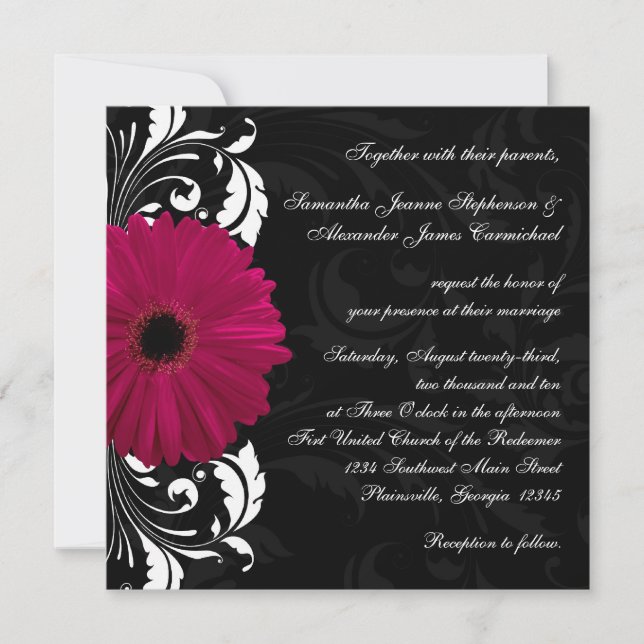 Convites Fuchsia Scroll Gerbera Daisy w/Black and White (Frente)