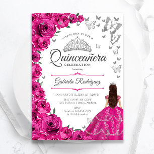 Convites Fuchsia Silver Floral Quinceanera