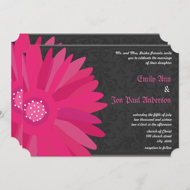 Convites Fuchsia Silver Metallic Gerber Daisy Wedding (Frente/Verso)