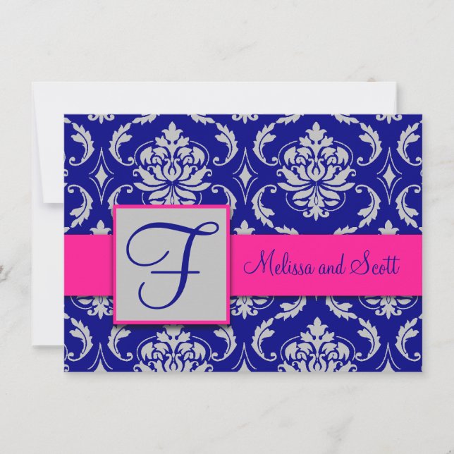 Convites Fúcsia Azul Marinho Prata Damask Save the Date 1B (Frente)