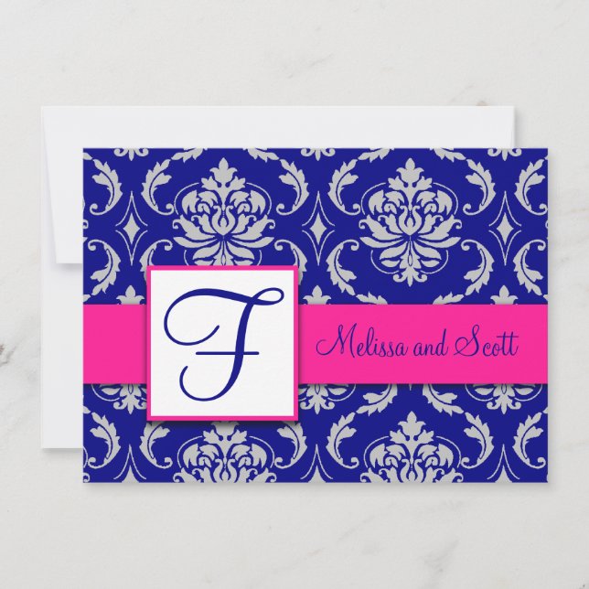 Convites Fúcsia Azul Naval Prata Damasko Save the Date 4A (Frente)