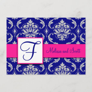 Convites Fúcsia Azul Naval Prata Damasko Save the Date 4A