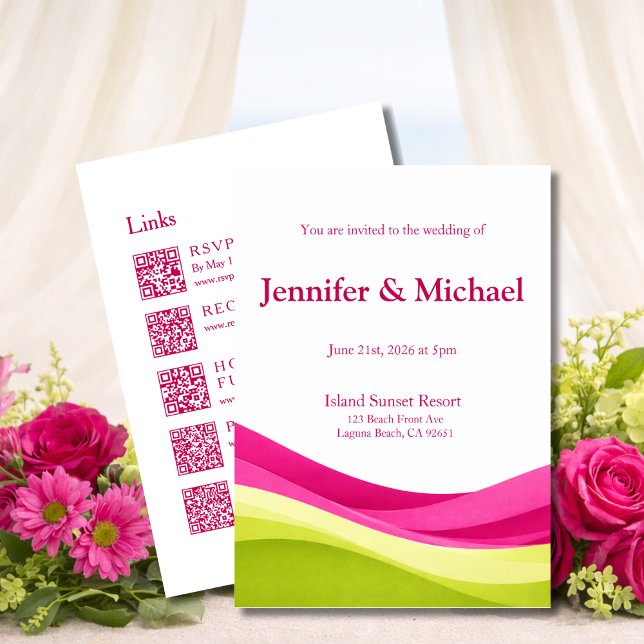 Convites Fúcsia e Verde Limão Casamento Moderno Tudo em Um ( Fuchsia and Lime Green Modern Wedding All in One Invitation)