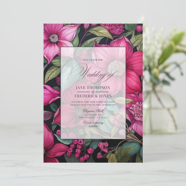 Convites Fúcsia Glamouroso, Verde Esmeralda e Floral Preto (Em pé/Frente)