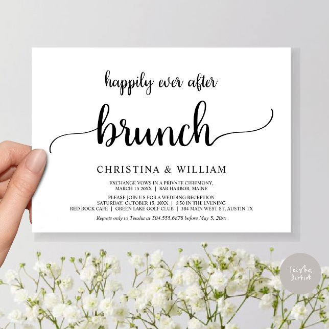 Convites Fuga Romântica, Brunch de Felizes para Sempre, Rús (Happily ever after brunch, Modern wedding, invitation card, PDF, in Black and White)