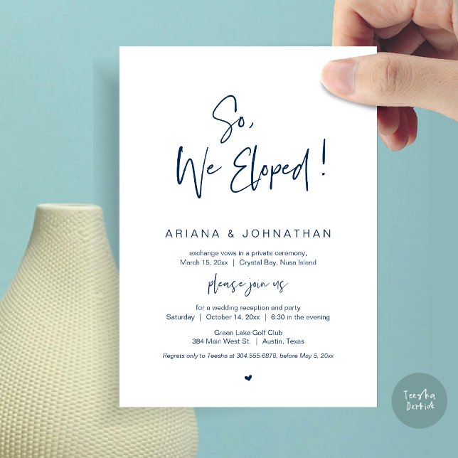 Convites Fugimos, Azul Escuro, Casamento à Fuga (So, We Eloped, Modern Wedding Elopement Dinner Invitation Card, PDF, in Navy Blue)
