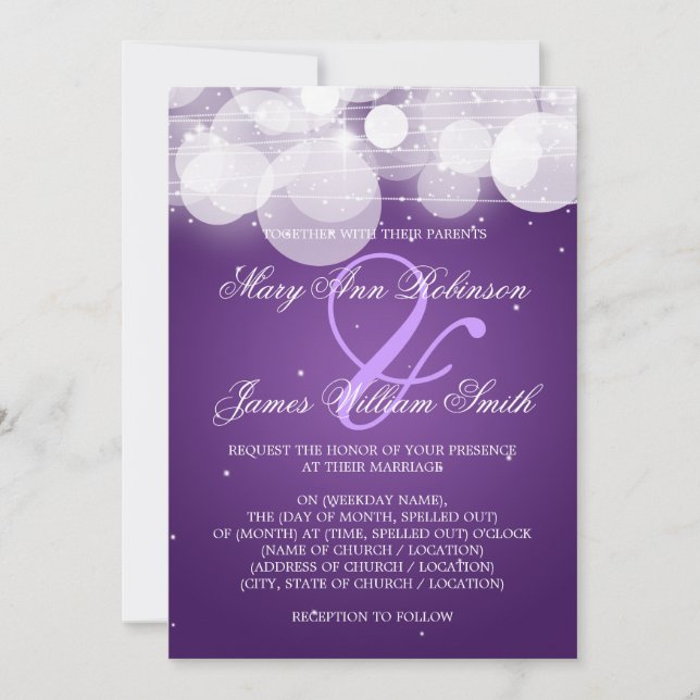 Convites Fulgor do casamento & roxo elegantes da faísca (Frente)