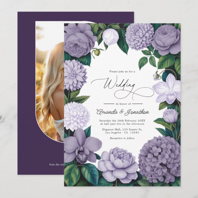 Convites Fumaça de Lavanda, Cinza Lilás e Casamento de Pedr (Frente/Verso)