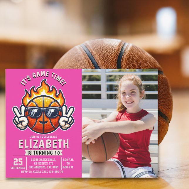 Convites Fun Basketball Birthday Girl with photo (Criador carregado)