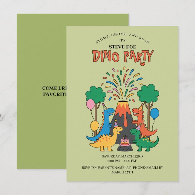 Convites Fun Birthday Dino Party Dinosaur Invitation (Frente/Verso)