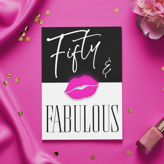 Convites Fun Black White Fifty Fabulous Pink Lips Birthday (Criador carregado)
