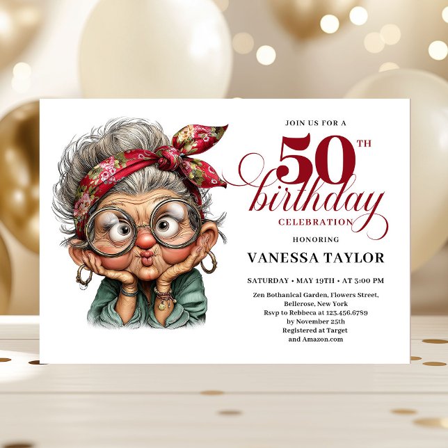 Convites Fun bold 50th birthday woman whimsical invitation (Fun bold 50th birthday woman whimsical invitation)