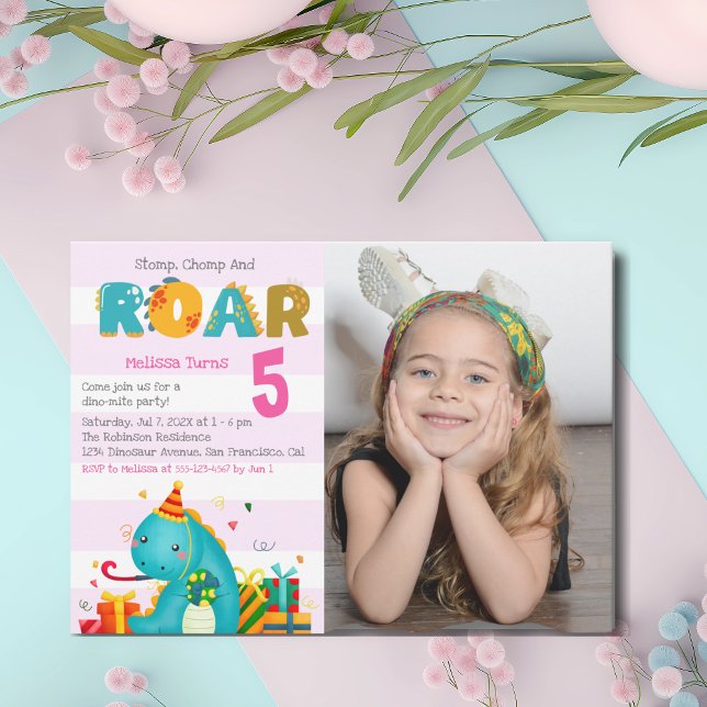 Convites Fun Dinosaur Stomp Chomp and roar Birthday Girl (Criador carregado)
