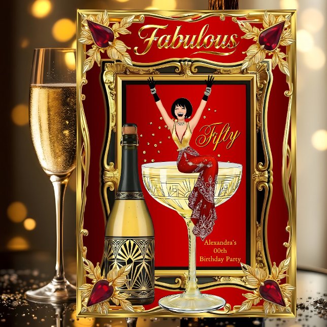 Convites Fun Fabulous Birthday Red Gold Champagne Party (Criador carregado)