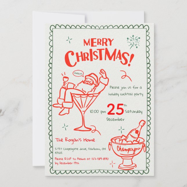 Convites Fun Hand Drawn Doodle Merry Christmas Cocktail (Frente)