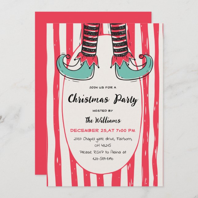 Convites Fun Hand Drawn Elf Sock Christmas Party (Frente/Verso)