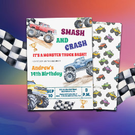 Convites Fun Monster Trucks 14th Birthday Party Invitation