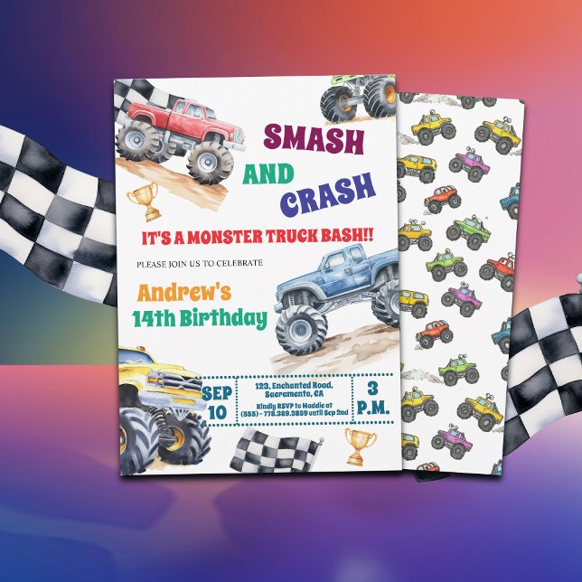 Convites Fun Monster Trucks 14th Birthday Party Invitation (Criador carregado)