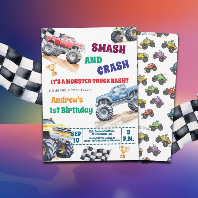 Convites Fun Monster Trucks 1st Birthday Party Invitation (Criador carregado)