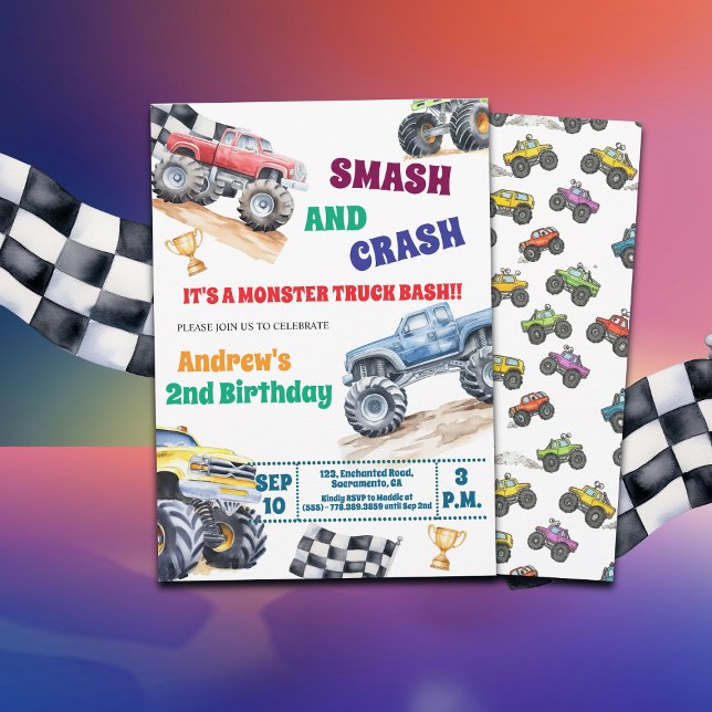 Convites Fun Monster Trucks 2nd Birthday Party Invitation (Criador carregado)