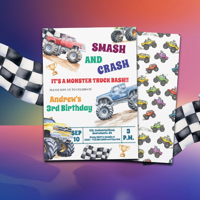 Convites Fun Monster Trucks 3rd Birthday Party Invitation (Criador carregado)