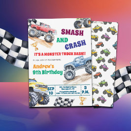 Convites Fun Monster Trucks 9th Birthday Party Invitation