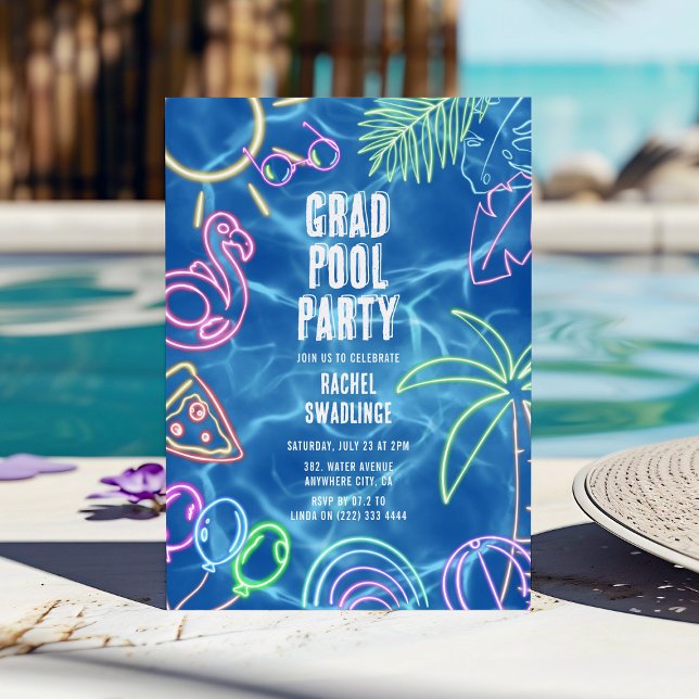 Convites Fun Neon Graduation Pool Party  (Criador carregado)