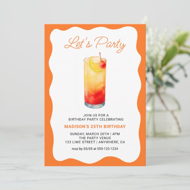 Convites Fun Orange Chic Wavy Summer Cocktail Birthday (Em pé/Frente)