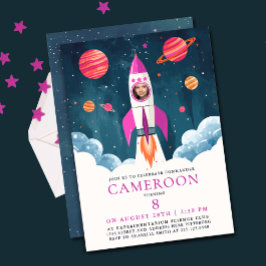 Convites Fun Pink Rocket Astronaut Girl Space Mission Photo