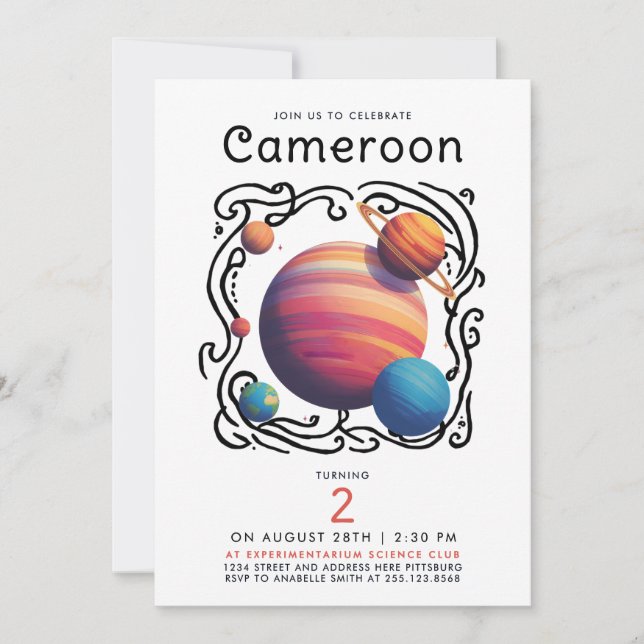 Convites Fun Red Blue Planets Moon Galaxy Outer Space Draw (Frente)